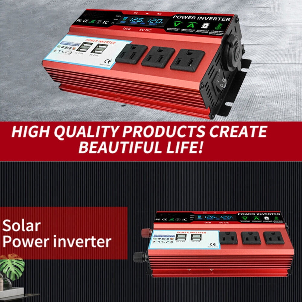 1000W Power Inverter Car Converter Adapter, 500W DC 12V to AC 110V Pure Sine Wave Solar Converter