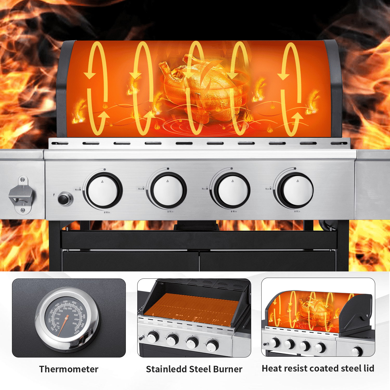 4 Burner Gas Grill,36000 BTU BBQ Propane Stainless Steel with Side Table for Patio Garden