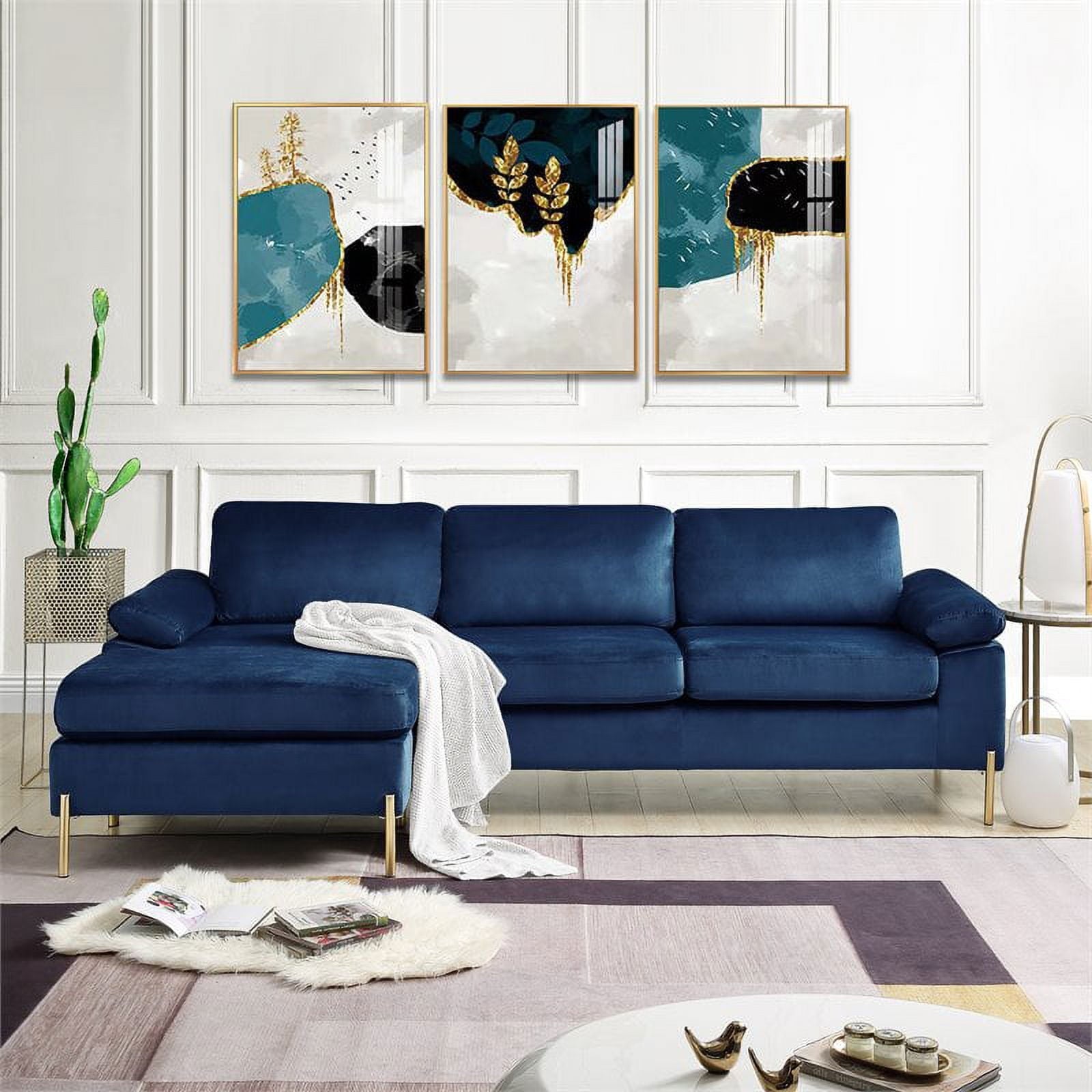 Maklaine Modern Velvet Sectional Sofa with Gold Legs in Blue