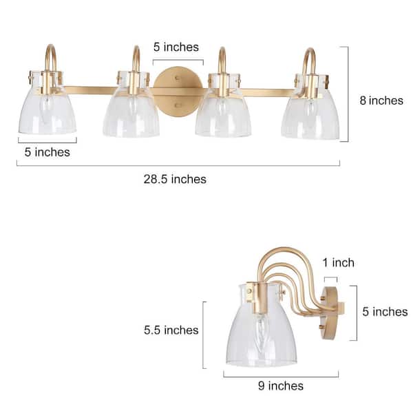 Walnute Modern Farmhouse 28.5 in. 4-Light Dark Gold Vanity Light with Bell-Shaped Clear Glass Shades