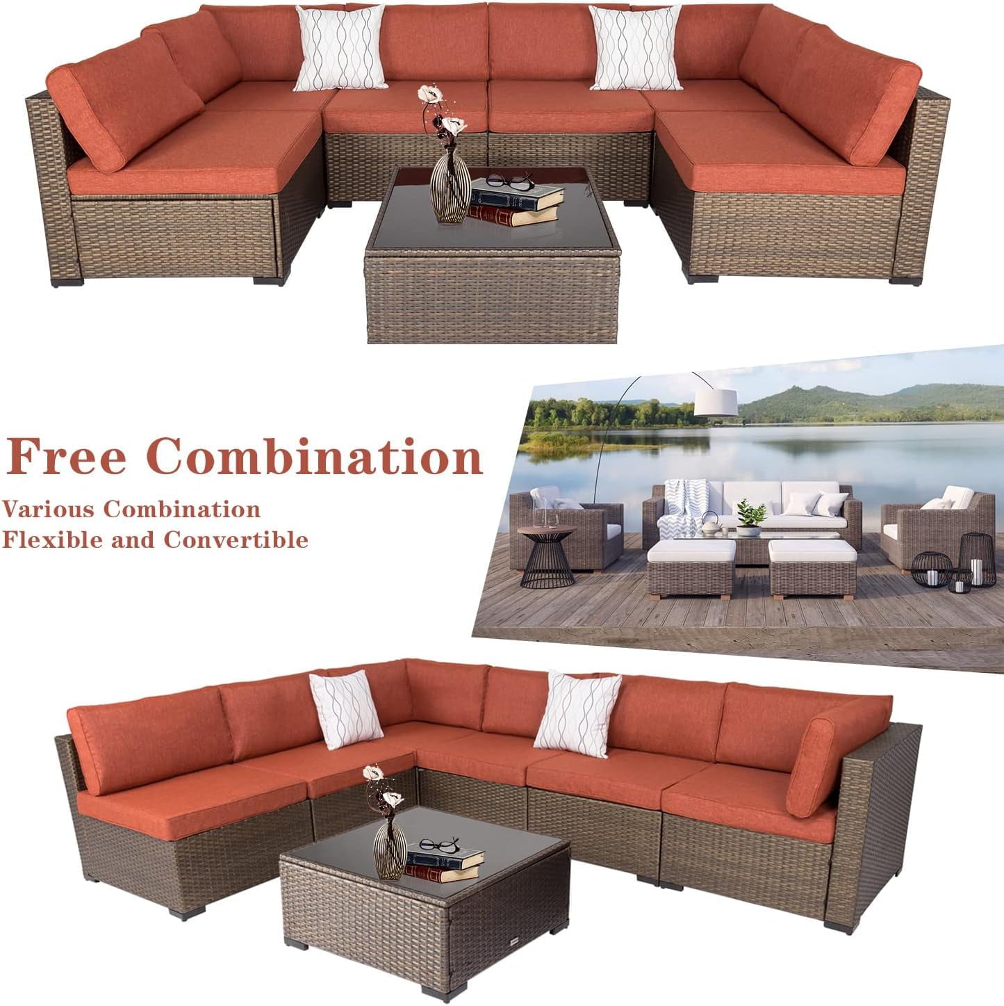 Kinbor Outdoor Wicker Furniture Set 7Pcs Sectional Sofa Patio Conversation Set with Maple Red Cushions