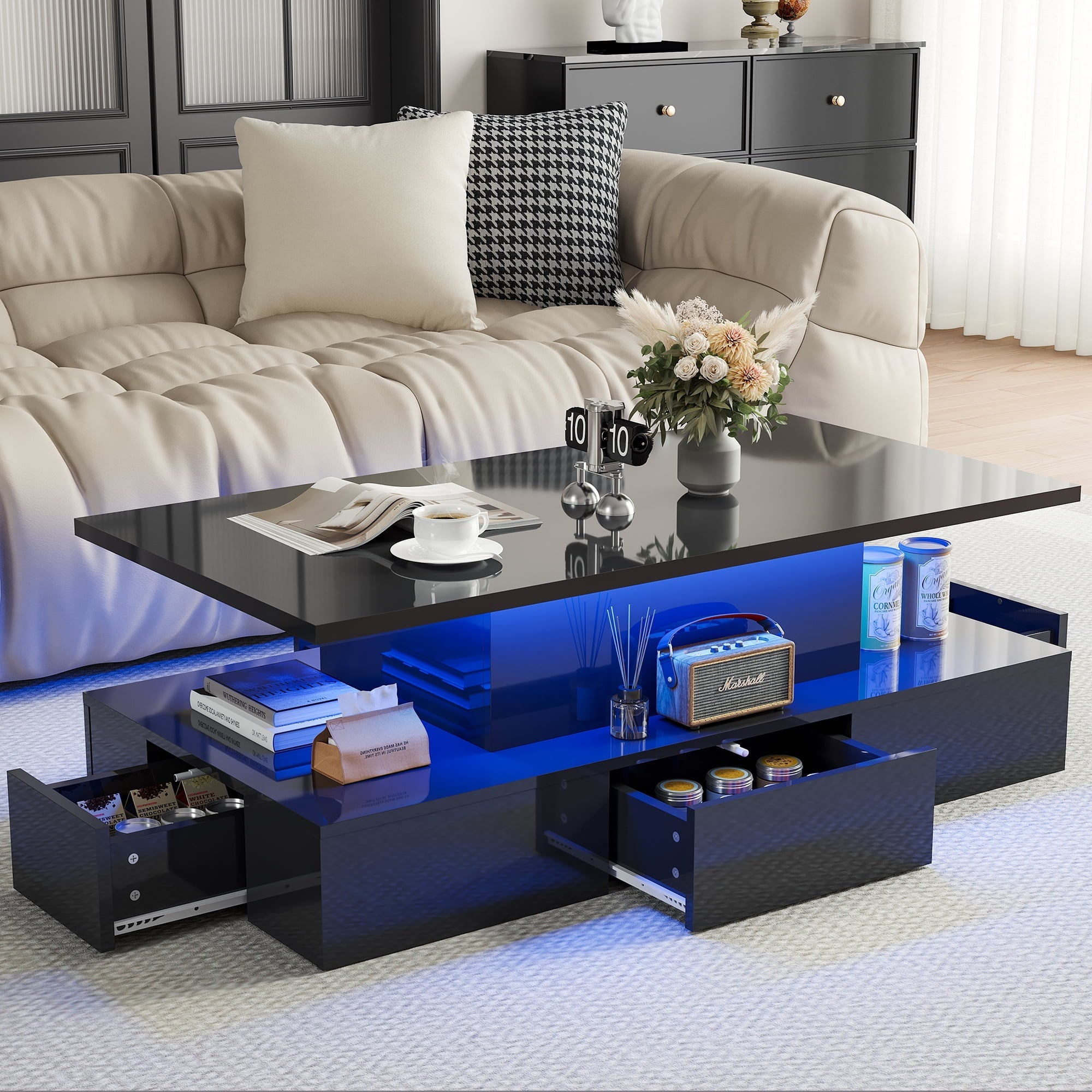 HSUNNS Black LED Coffee Table for Living Room, Modern High Glossy Center Table with 4 Drawers, Smart Cocktail Table Rectangle, Sofa Side Tea Tables with LED Lights, 40