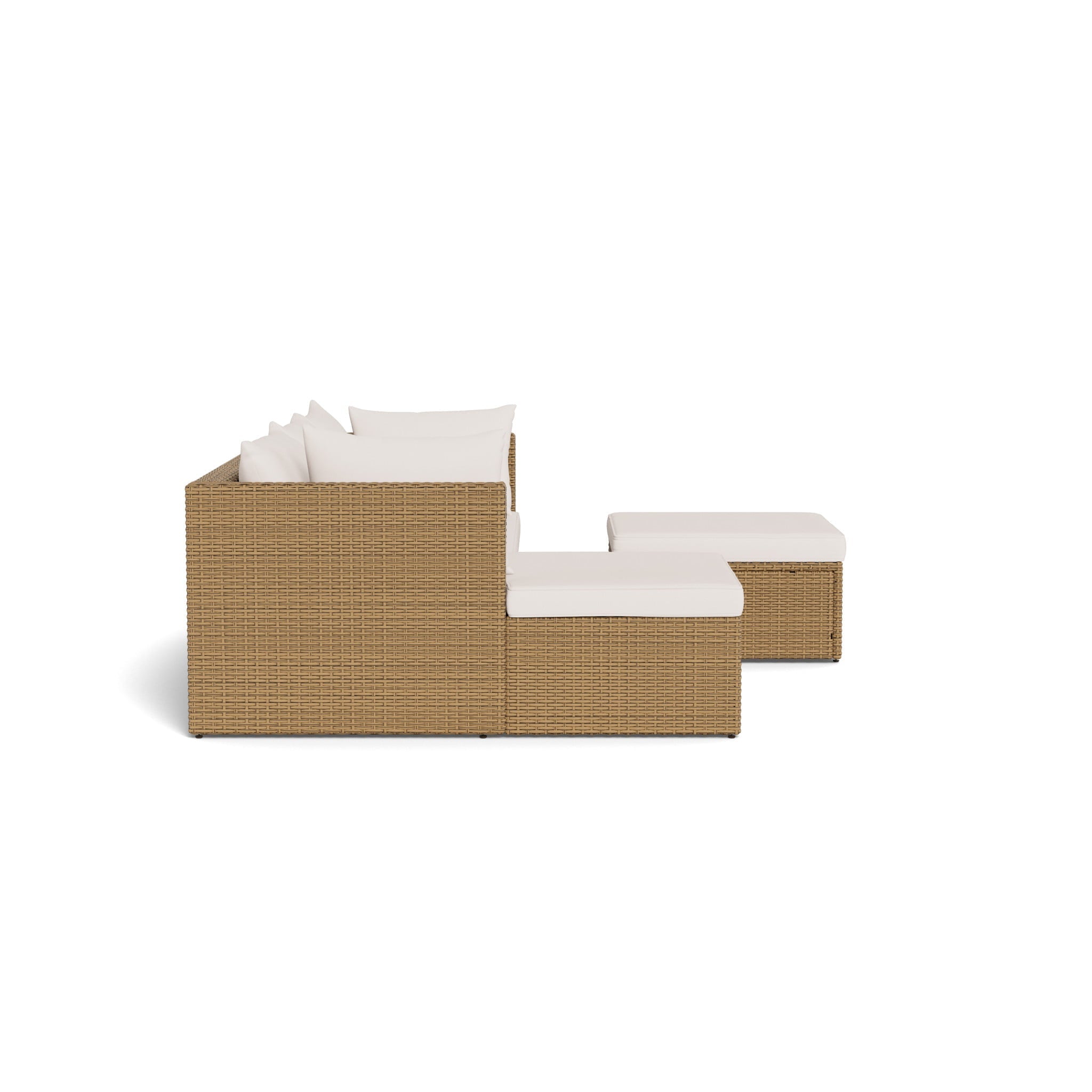 Tortuga Outdoor Space Saver Sectional Set with Vanilla Latte Colored Fabric and Sandstone Wicker