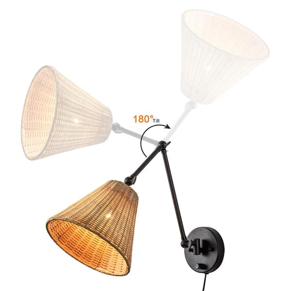 Black Woven Rattan Plug-in Swing Arm Wall Lamp with On/Off Switch