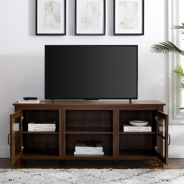 58 in. Dark Walnut Wood and Glass Farmhouse TV Stand with 2 Window Pane Doors Fits TVs up to 65 in.