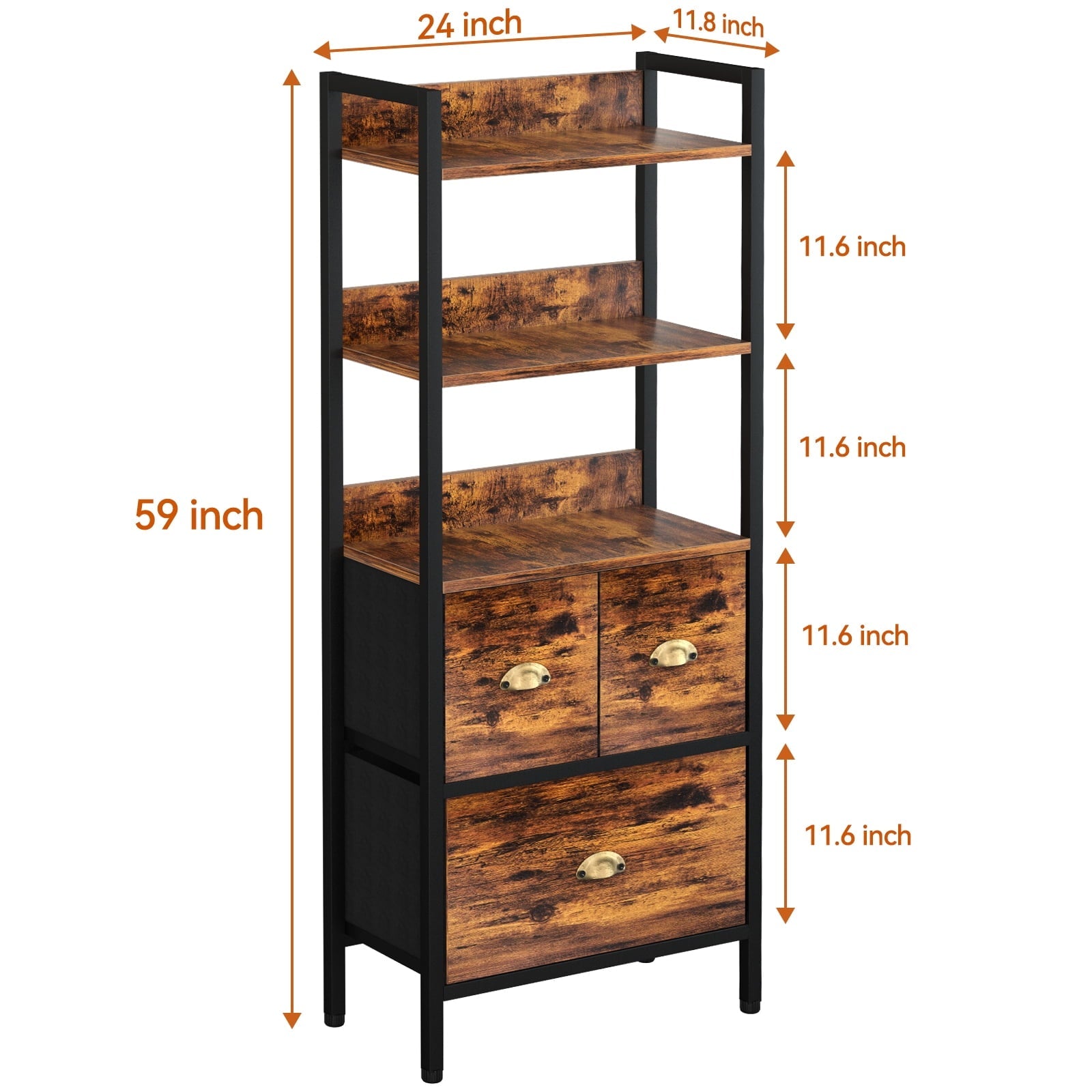 Behost 5 Tier 60in Tall Bookcase Open Bookshelf with Drawers Set of 1, Rustic Brown