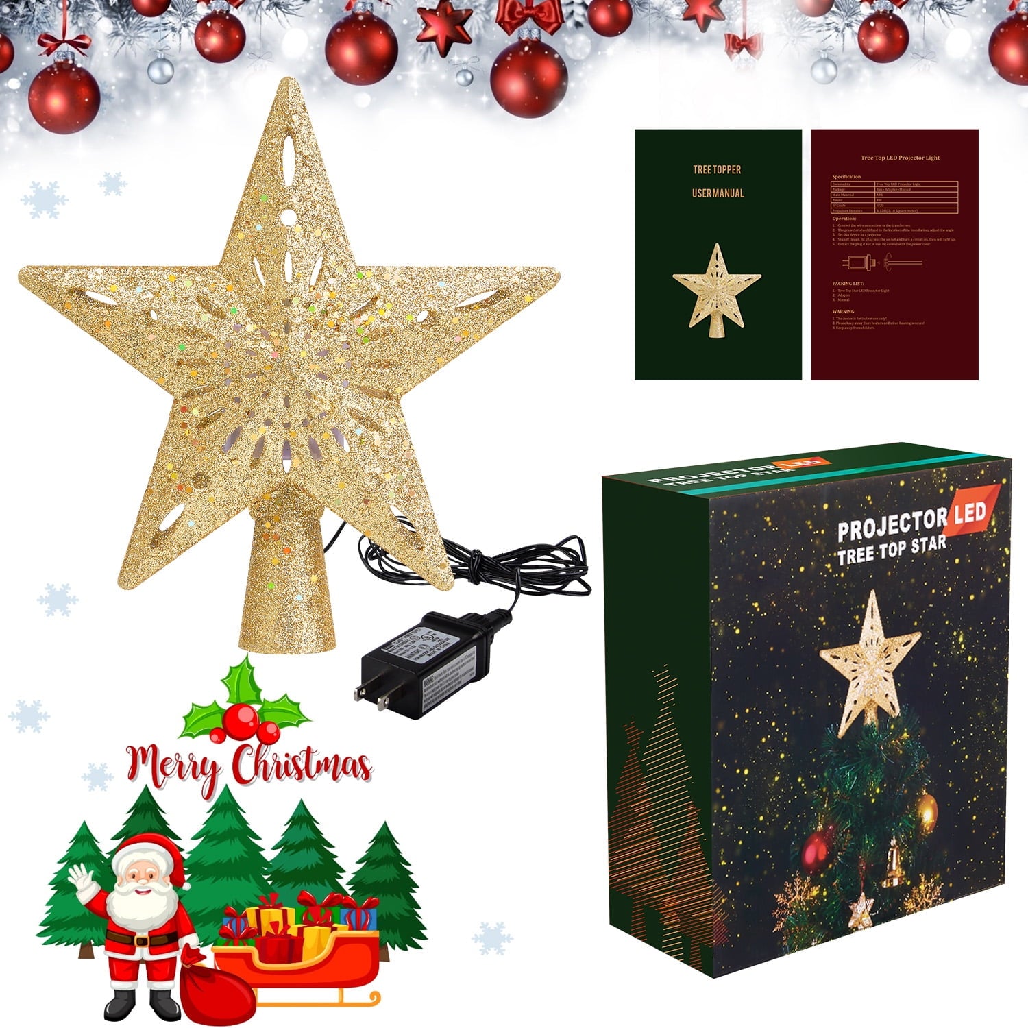 Christmas Tree Topper Lighted Star Projector Glitter Lighted Silver/Gold shinning Tree Topper with Rotating Snowflake Projector 3D for Indoor Office Xmas New Year Holiday Tree Decoration