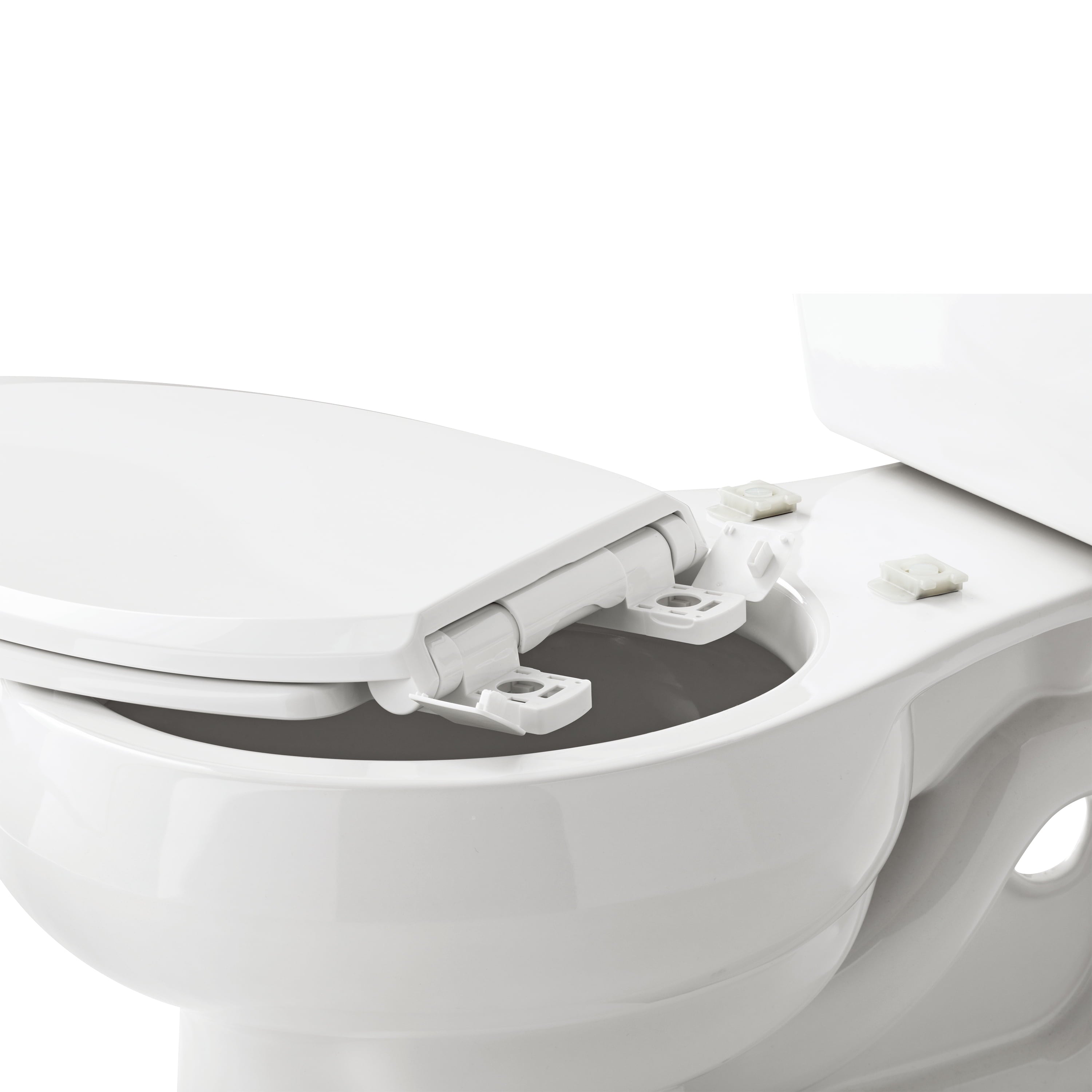 Mainstays Elongated Plastic Toilet Seat with Soft Close and Easy off in Daisy White