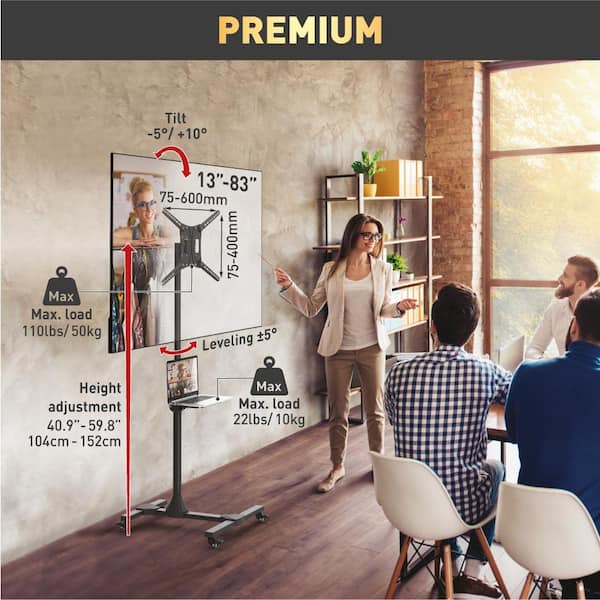 Barkan 13 - 83 in. Tilt Mobile TV Mount Cart with Metal Shelf Black Patented to Fit Various Screen Types Fall Proof