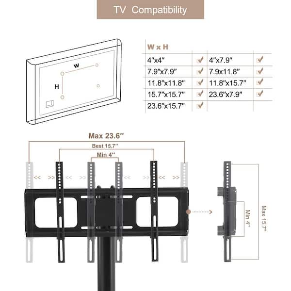 Adjustable Angle Black Adjustable Height TV Mounts TV Stand with 2-Tier Shelf and Wheel