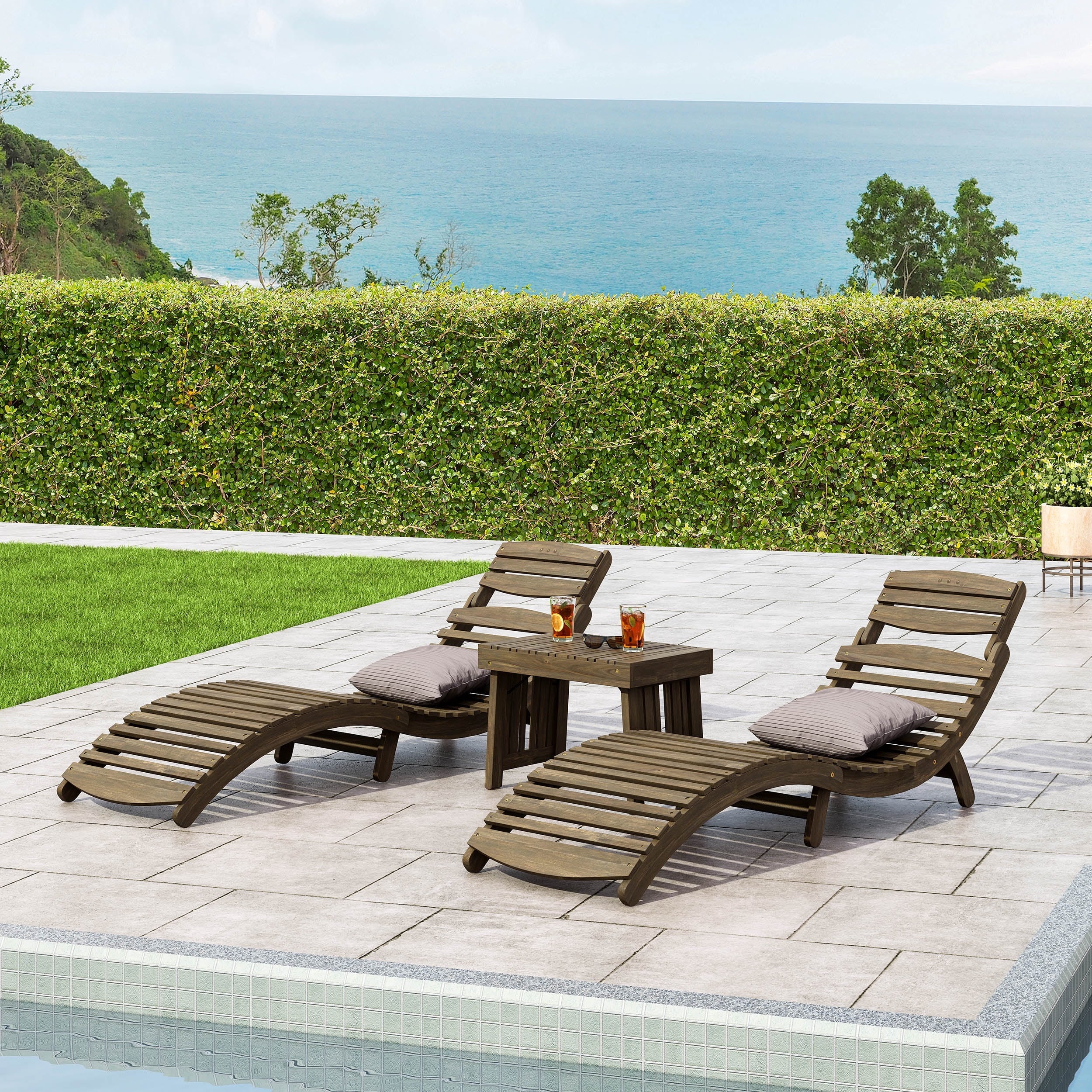 Noble House Timothy Foldable Acacia Wood Outdoor Chaise Lounge - Set of 2, Gray