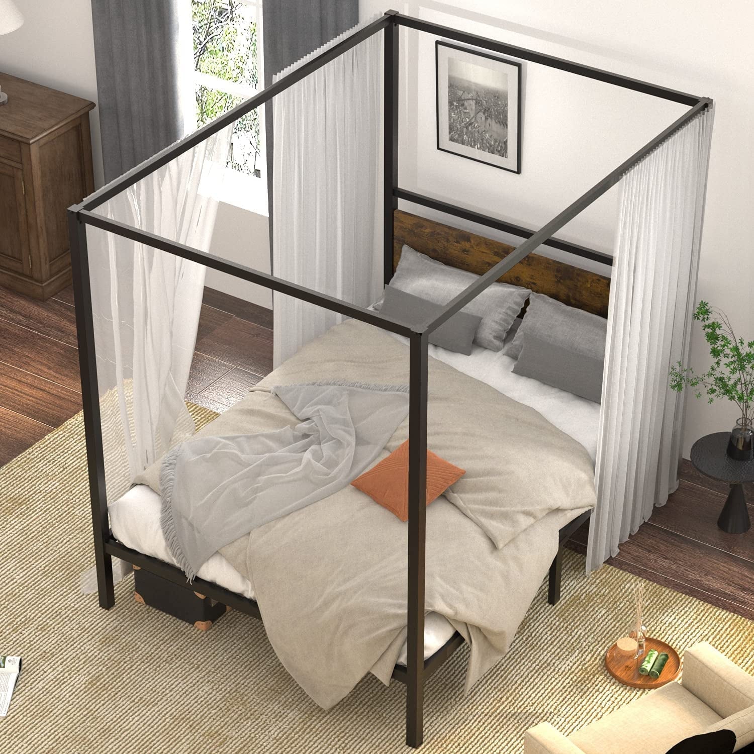 SHA CERLIN Full Size Metal Four-Poster Canopy Bed with Wooden Headboard, Industrial Style