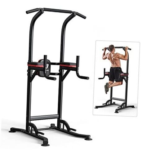 Power Tower Dip Station, Pull Up Bar Stand Height Adjustable Black&Red