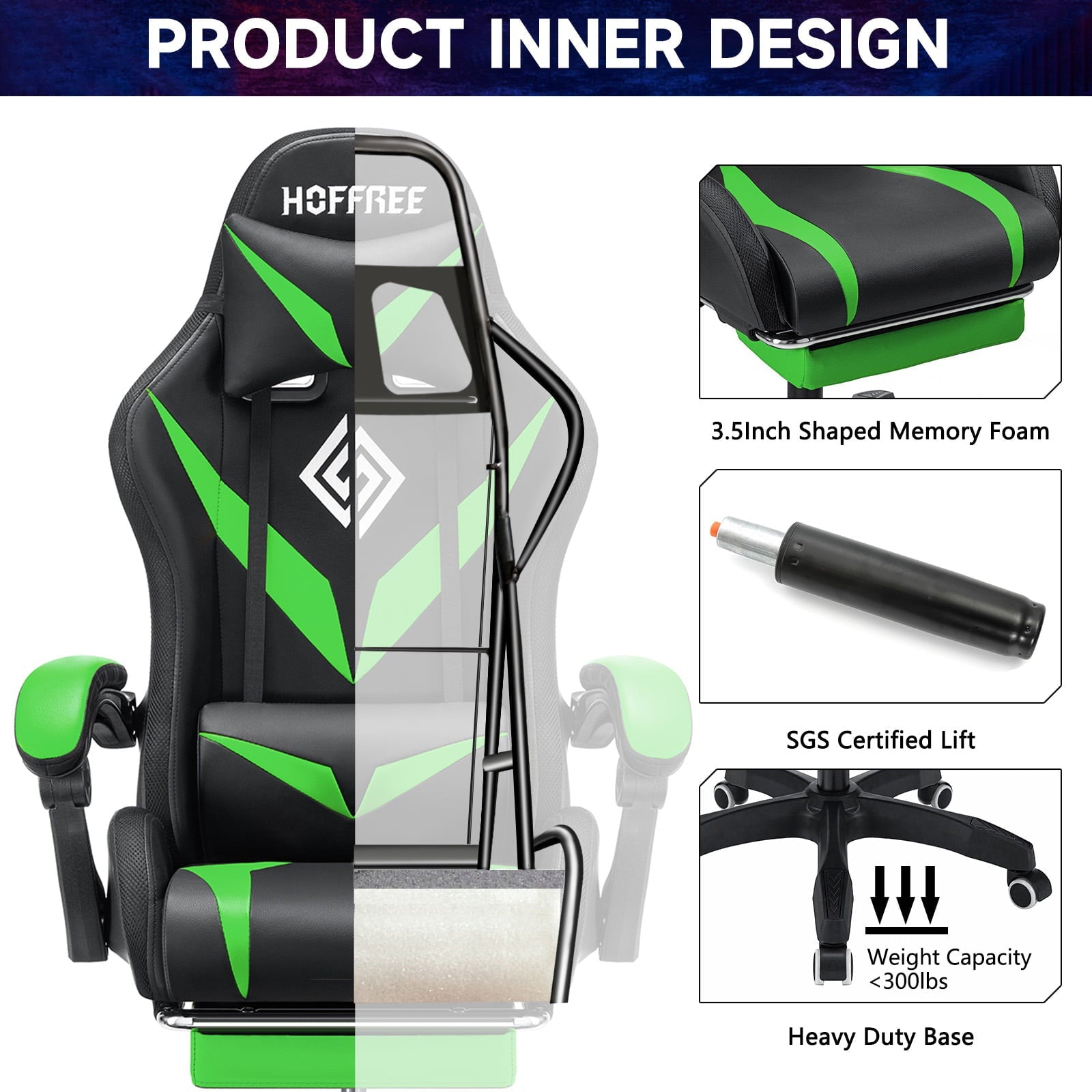 HOFFREE Gaming Chair with RGB LED Lights Ergonomic Computer Chair with Massage Lumbar Pillow Linkage Armrest Reclining Leather Video Game Chair Racing Style for Home Office