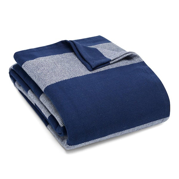 Boylston Navy Blue Striped Cotton Full/Queen Woven Blanket