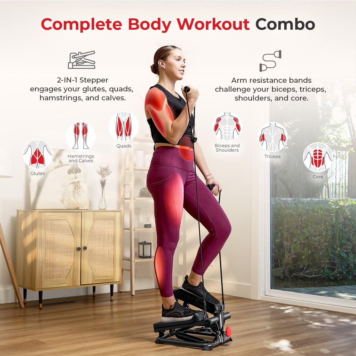 Sunny Health & Fitness Total Body Smart 2-in-1 Stepper Machine, Total Body Workout, Adjustable Hydraulic, LCD Monitor, Resistance Bands, Non-Slip Pedals with Optional Smart SunnyFit App