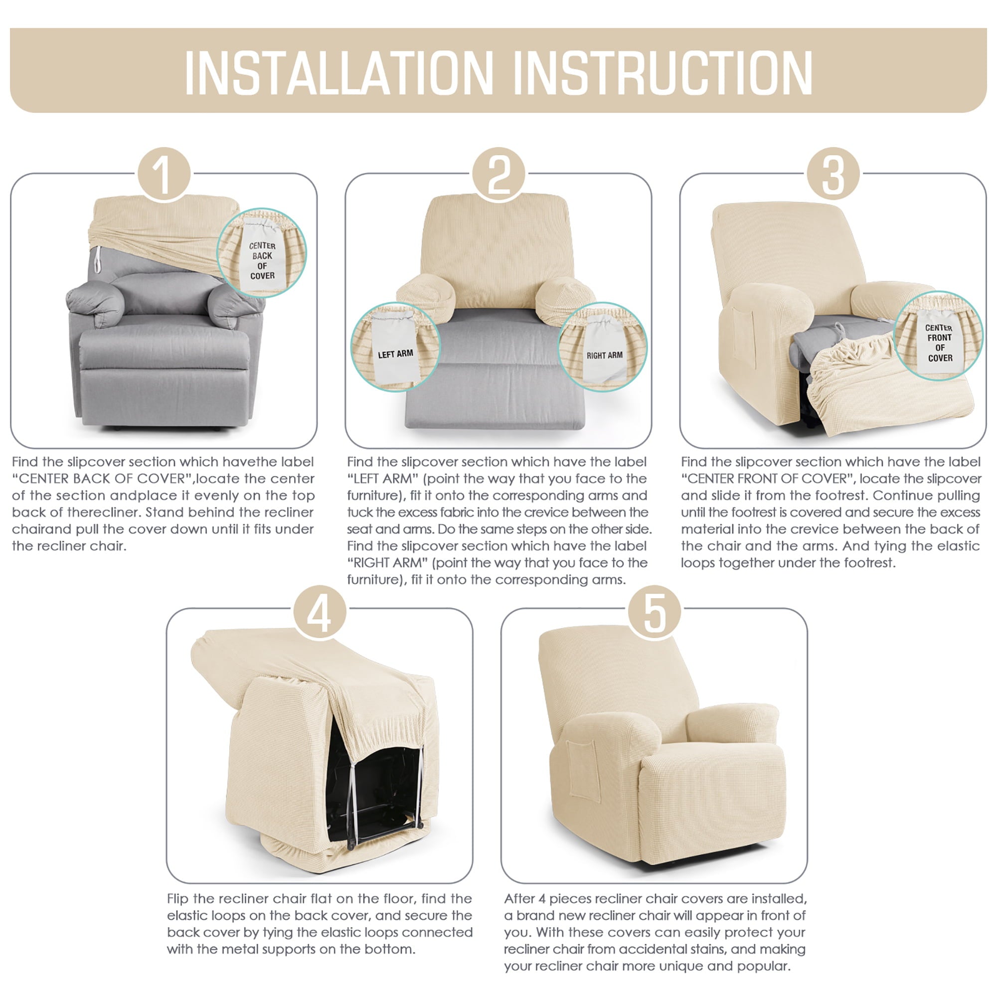 TAOCOCO Stretch Armchair Reclining Slipcovers, Solid Jacquard 4-Pieces Recliner Chair Covers Beige