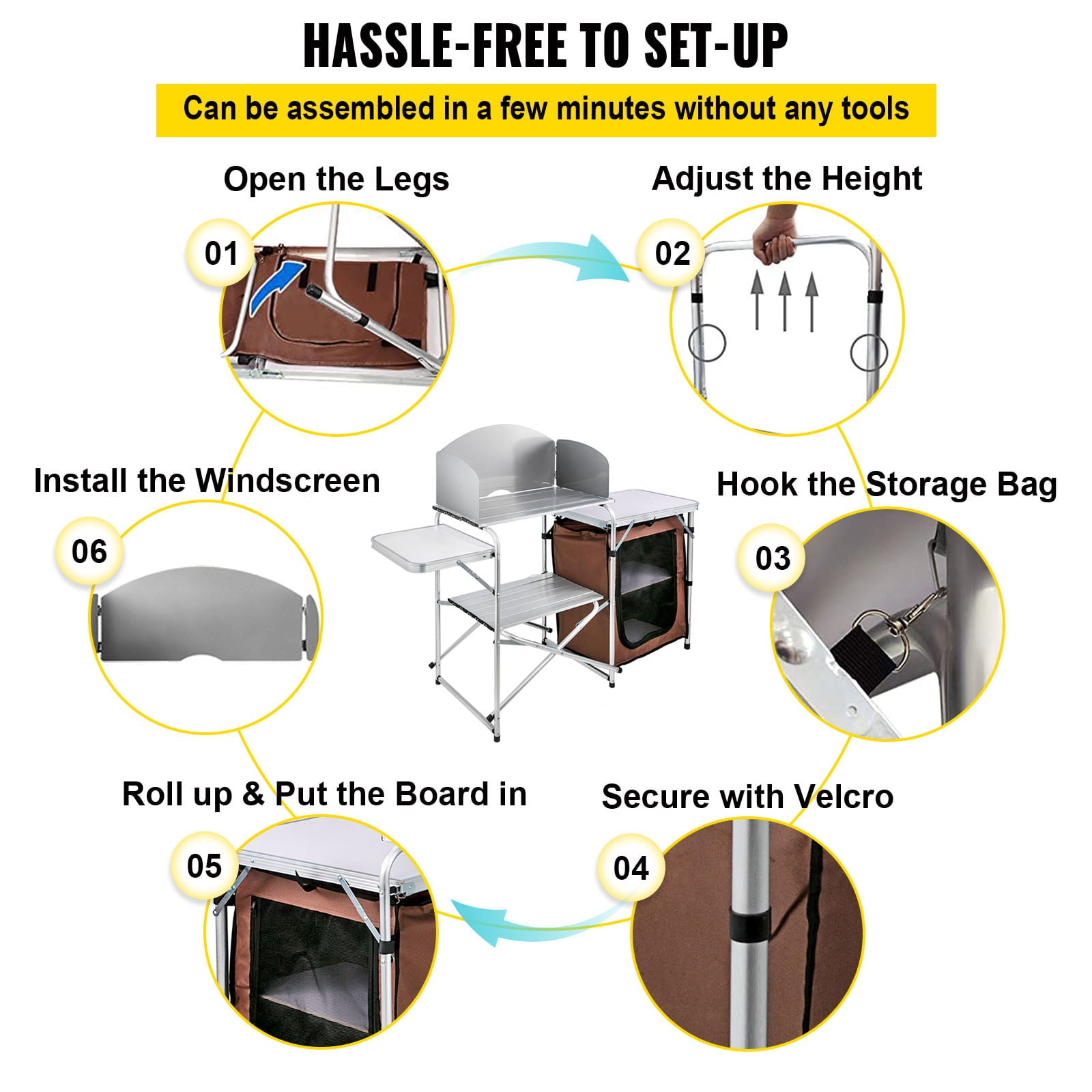 Camping Kitchen Station, Aluminum Portable Folding Camp Cook Table with Windshield, Storage Organizer and 4 Adjustable Feet, Quick Installation for Outdoor Picnic Beach Party Cooking, Brown