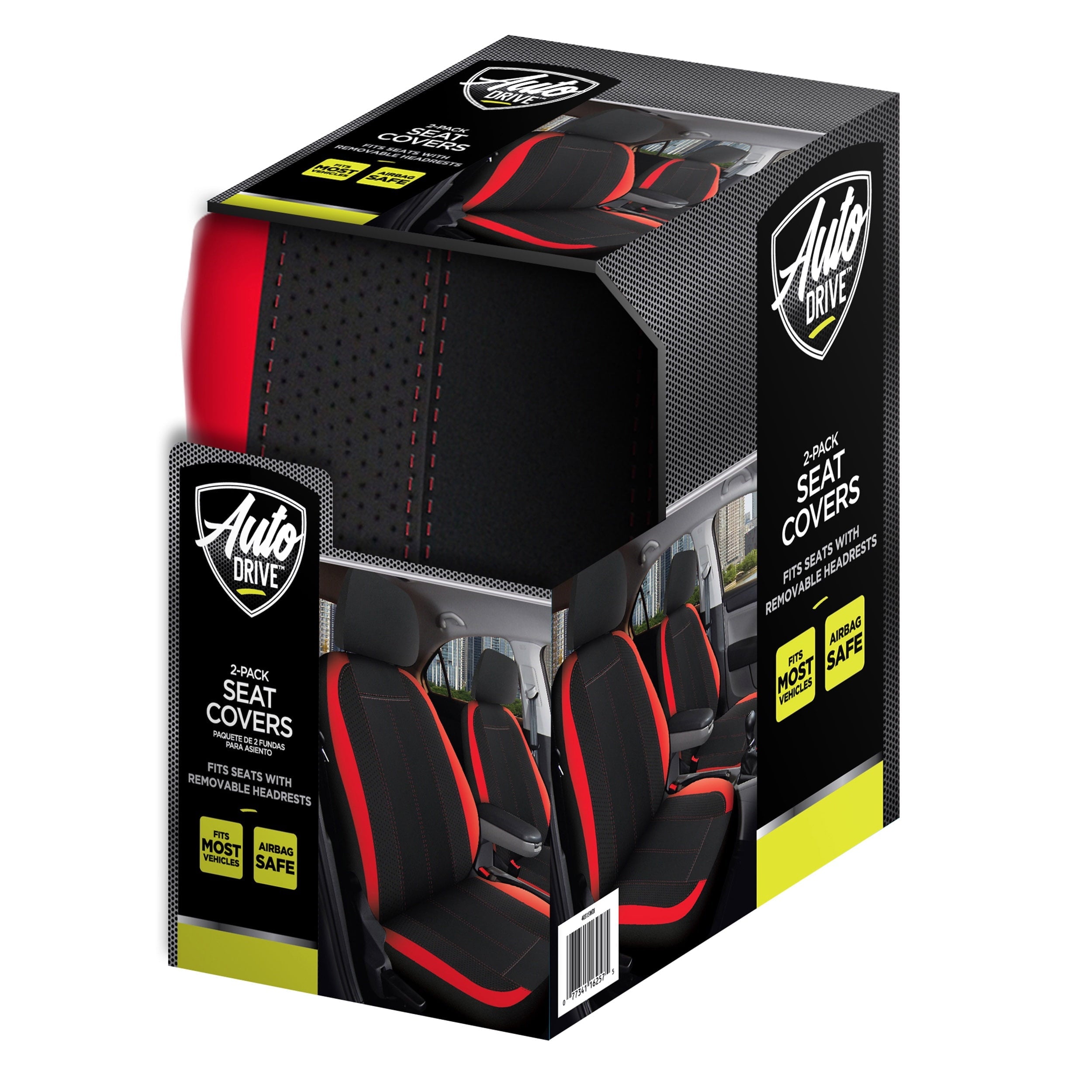 Auto Drive 2 Piece Car Seat Covers and Headrest Covers, Black Red Universal Fit