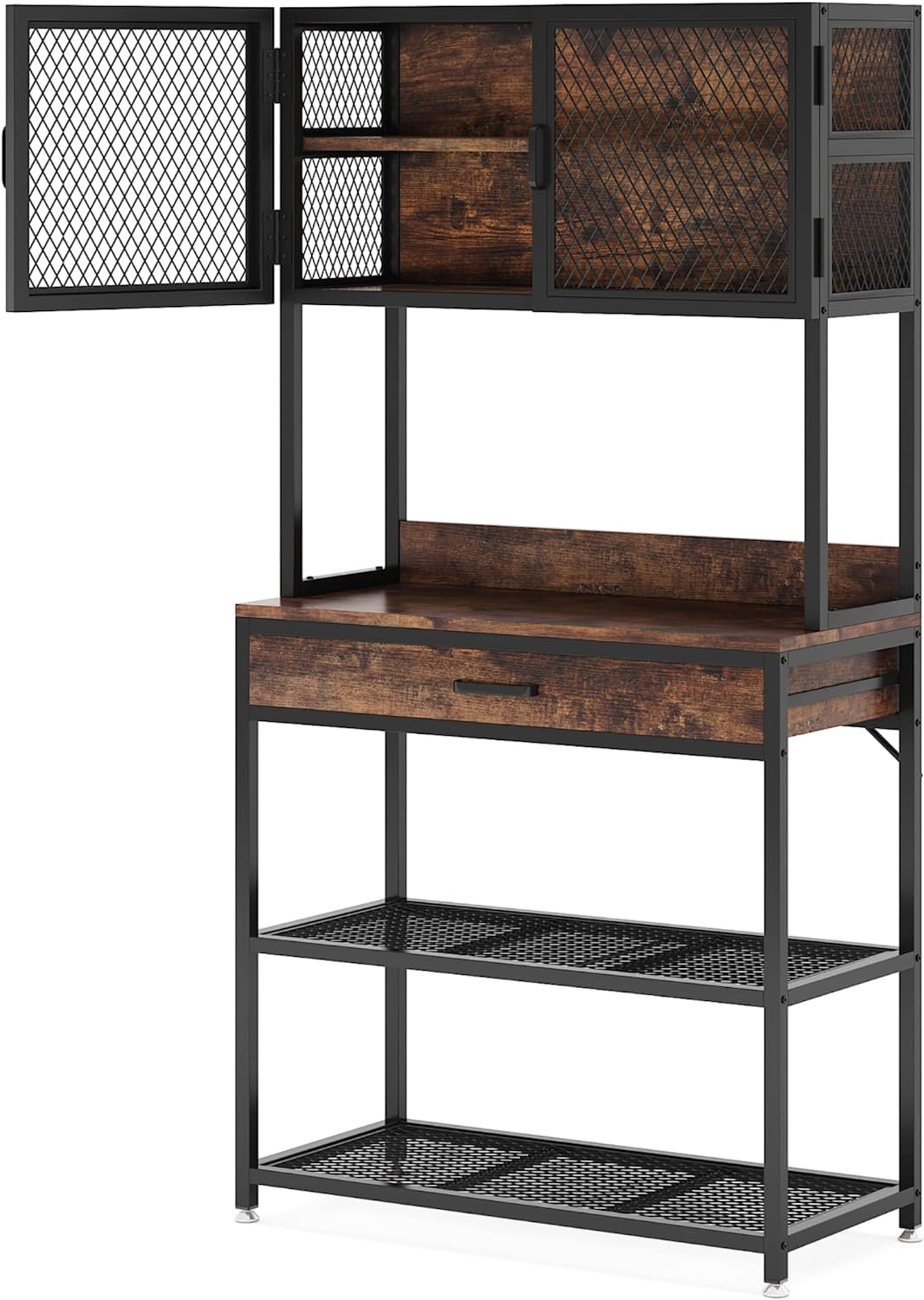 Tribesigns Kitchen Bakers Rack, Microwave Oven Stand with Open Shelves Cabinet and Drawer, Brown