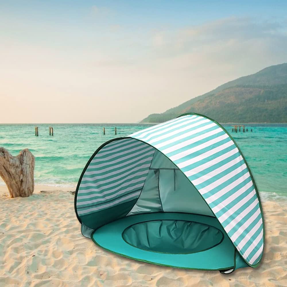 Uervoton Baby Beach Tent Portable Pop Up Tent Toddler Beach Shade Essentials UV Protection Play Tent for Kids (Green Stripe)