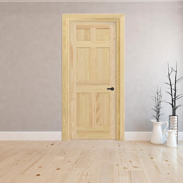 30 in. x 80 in. 6-Panel Left-Hand Unfinished Pine Wood Single Prehung Interior Door with Nickel Hinges