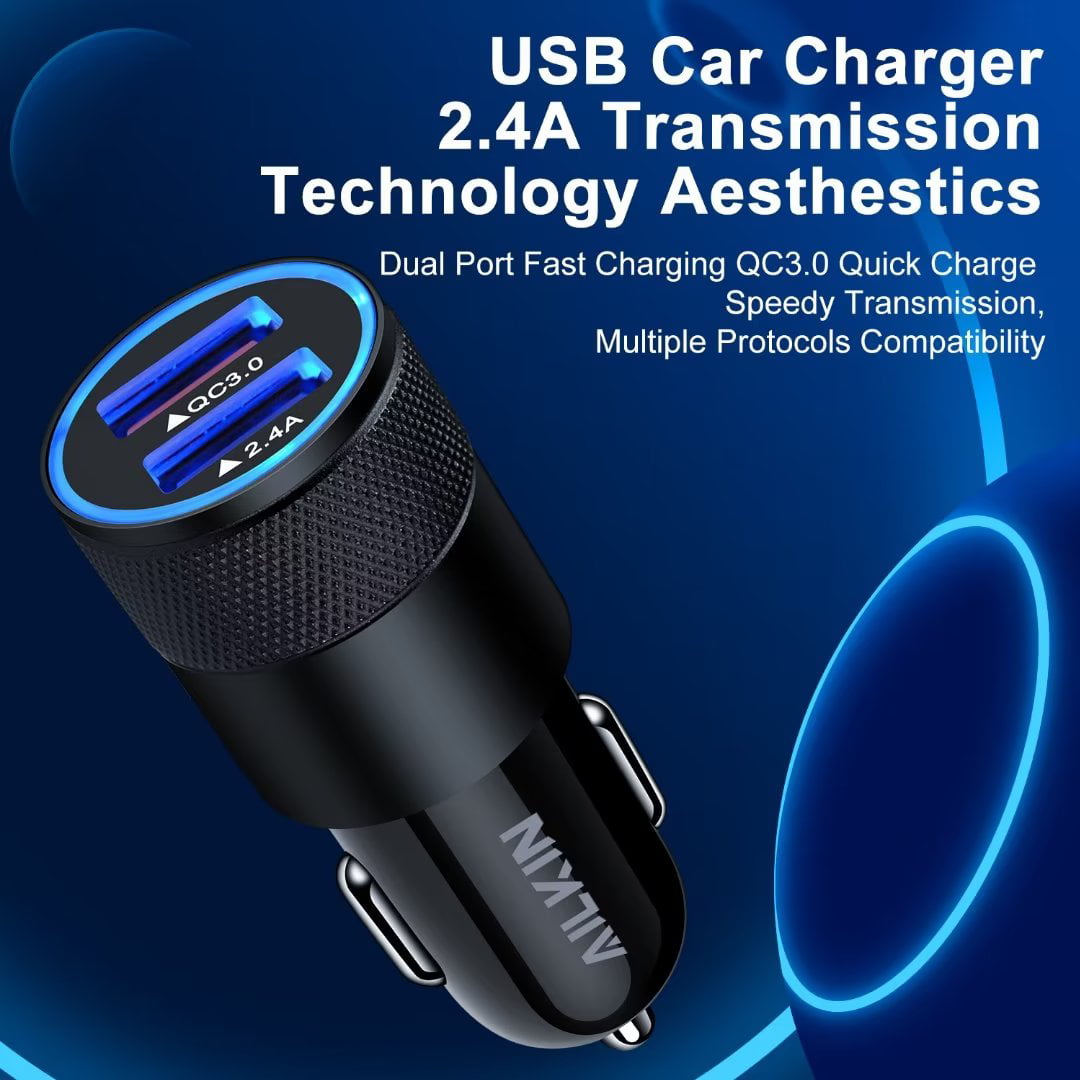 iPhone Car Charger,AILKIN USB Car Charger,Dual USB Lightning Car Charger Adapter Car Socket Cigarette Lighter QC3.0/2.4A iPhone Car Charger with 2PCS Lightning Cable 6ft（Black)