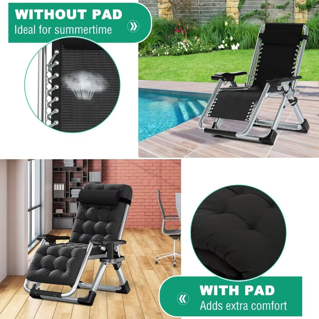 Docred Zero Gravity Chair , Lawn Recliner Folding Chaise Lounge with Removeable Pad Soft Cushion, Headrest and Cup Holder, Camping chairs Patio Fold Lounger Chair