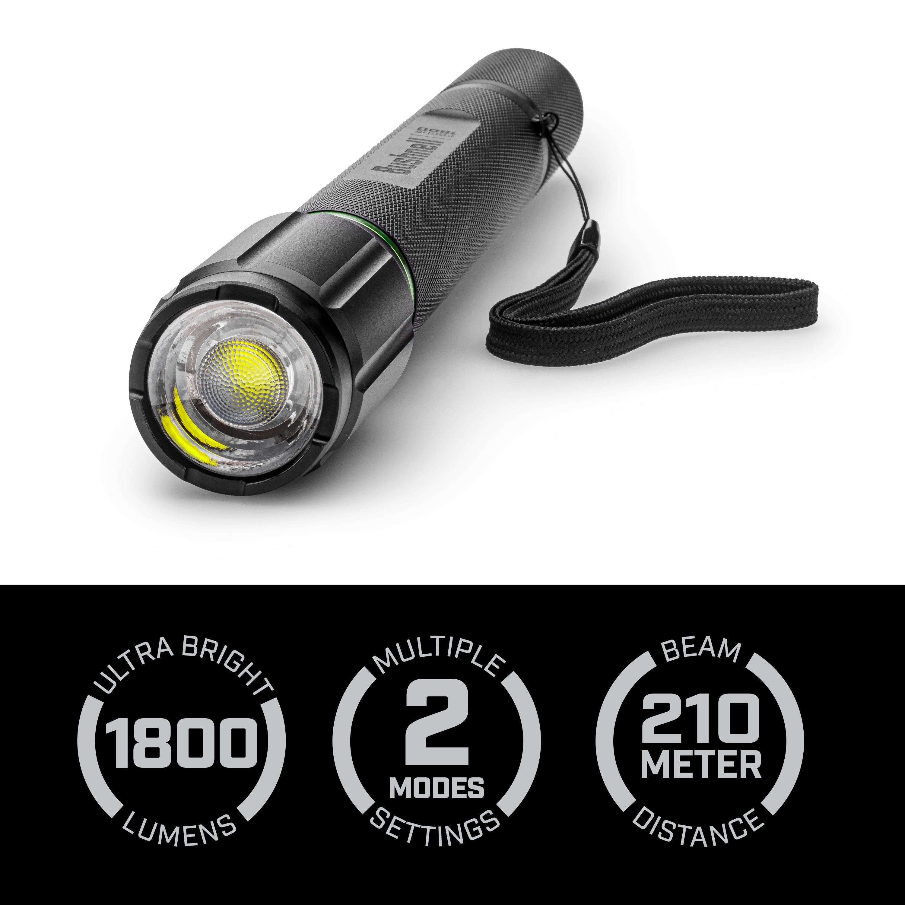 Bushnell 1800 Lumen Rechargeable Focusing Flashlight - IPX8 Waterproof, Black & Green