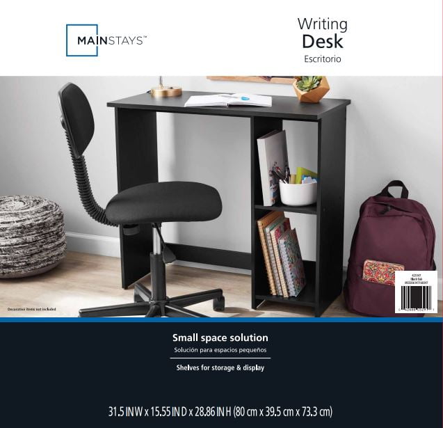 Mainstays Small Space Writing Desk with 2 Shelves, True Black Oak Finish