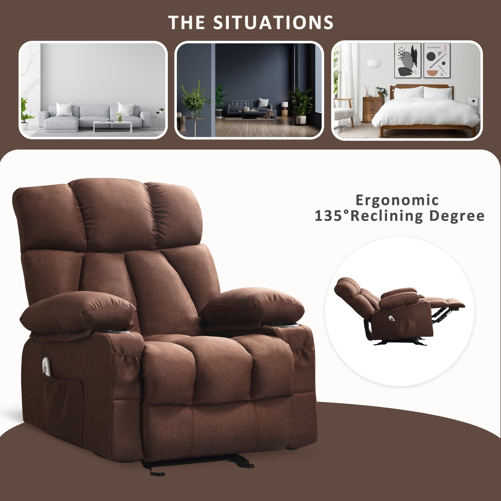 JONPONY Manual Recliner Chair with Heat Therapy and Massage Function, Heavy Duty Reclining Mechanism Massage Chair, Elderly Single Rocker Sofa with Cup Holders for Bedroom Home Theater,Brown