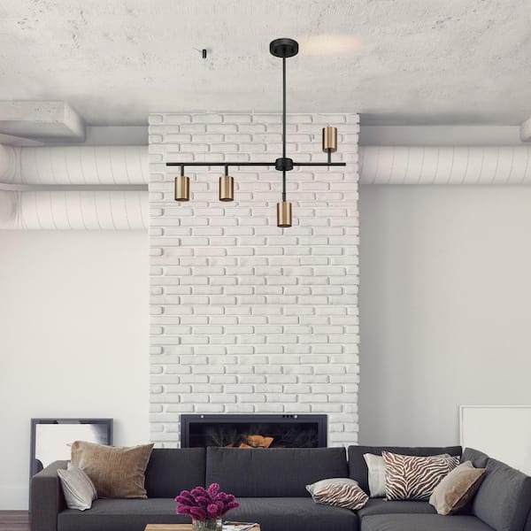 2.3 ft. Matte Black and Brass Adjustable Height Hard Wired Track Lighting Kit with Pivoting Shades, Step Heads