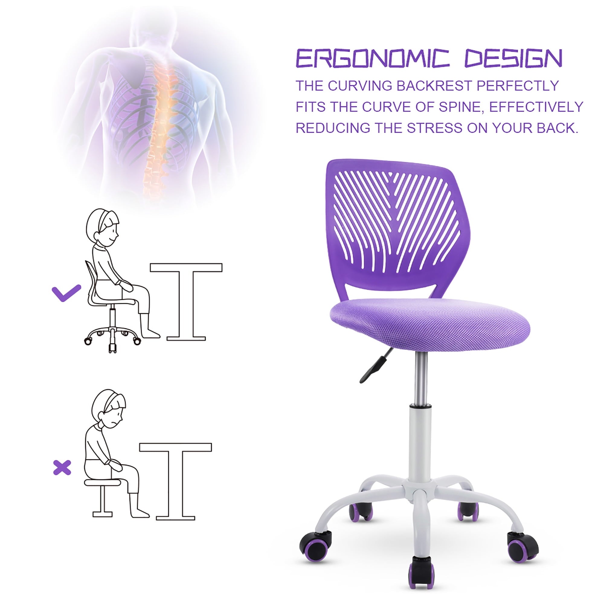 Costway Office Task Desk Armless Chair Adjustable Mid Back Swivel Study Chair Purple