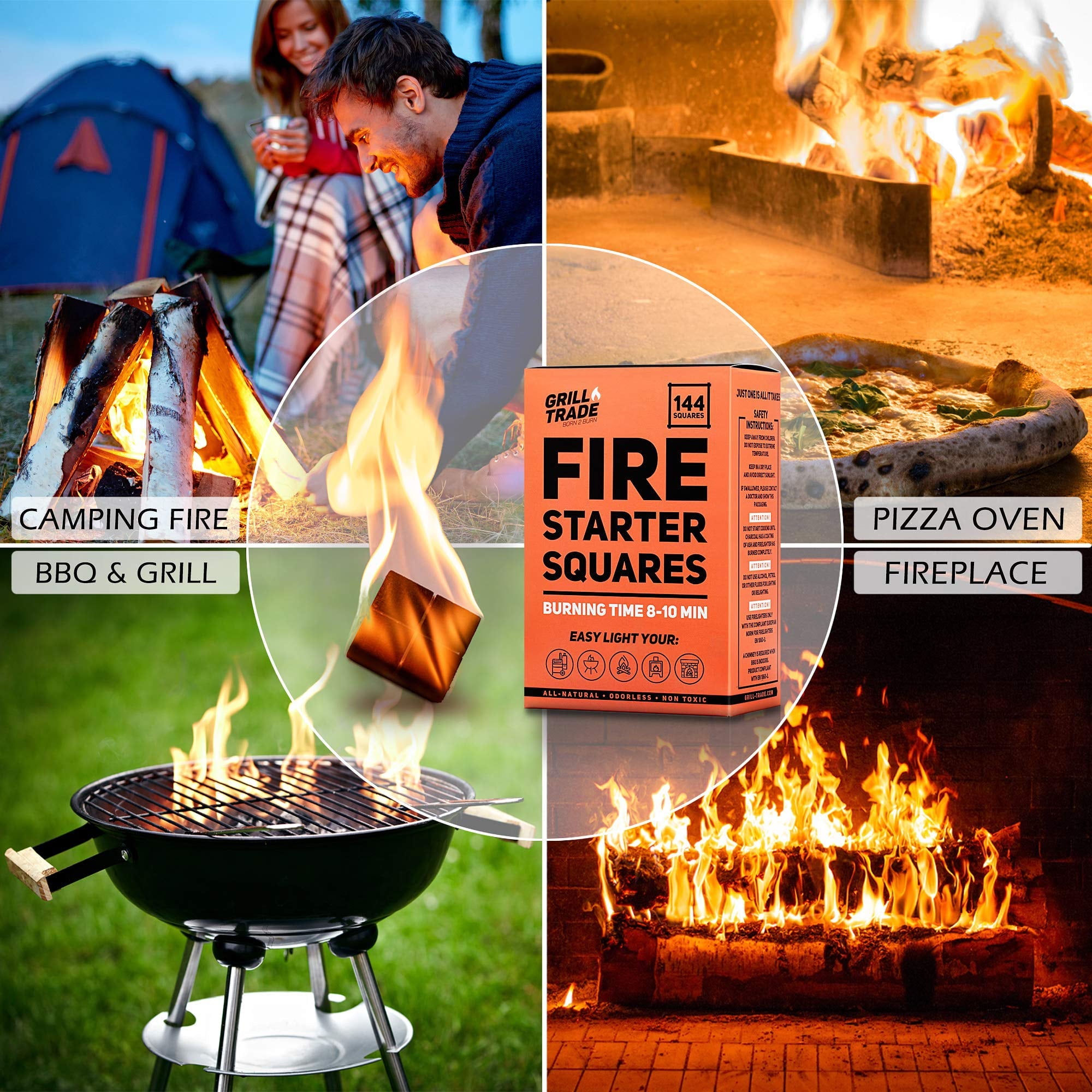 Grill Trade Fire Starter Squares 144 - BBQ, Camping, Wood Stove, Fireplace - 100% Natural