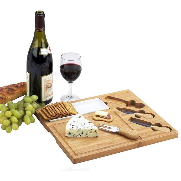 Celtic Bamboo Cheese Board Set with Ceramic Dish and 3 Cheese Tools