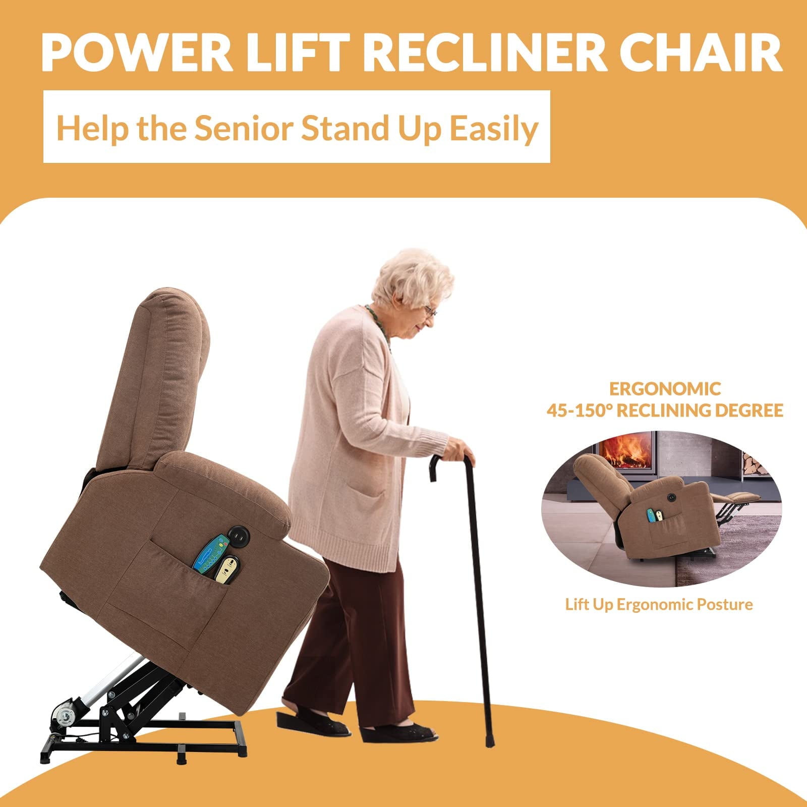 W WARMHOL Electric Power Lift Recliner Chair with Heat and Massage Lift Recliner for Elderly, Single Sofa recliners for Living Room with Cup Holders, 4 Pockets, USB Ports, Soft Fabric (Coffee)