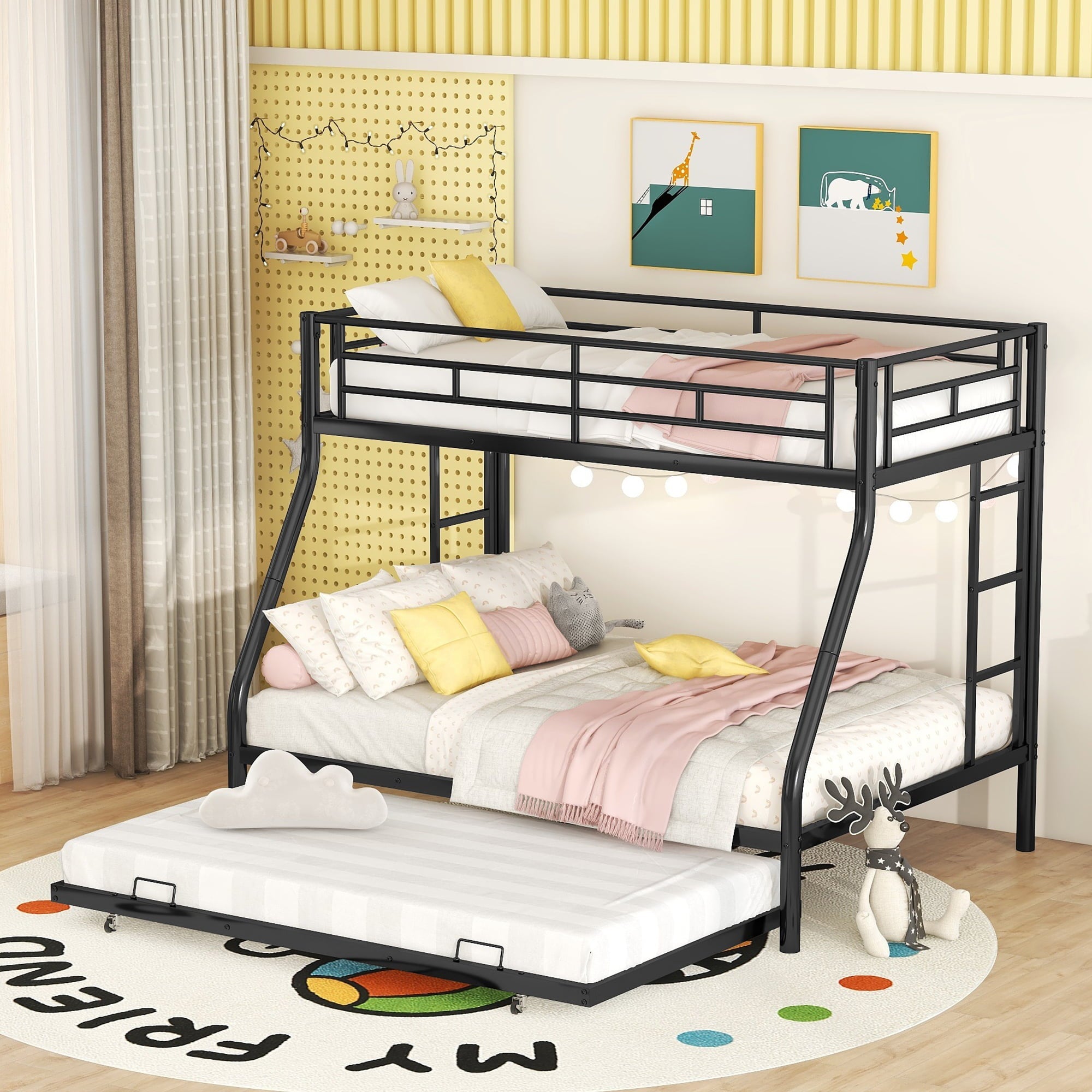 Bellemave Twin Over Full Bunk Beds with Trundle, Metal Bunk Bed Frame with Two-Side Ladders and Safety Rail, Thickened Metal Bed for 3 Kids Boys Girls Adults,Black