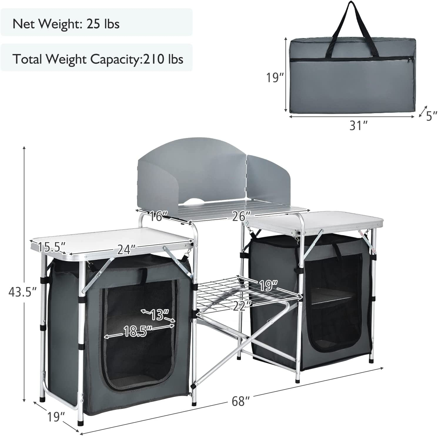 Camping Kitchen Table with Storage, Aluminum Portable Outdoor Cooking Table with Windscreen, Foldable Camp Table Cook Station for BBQ, Grill, Party, Picnics