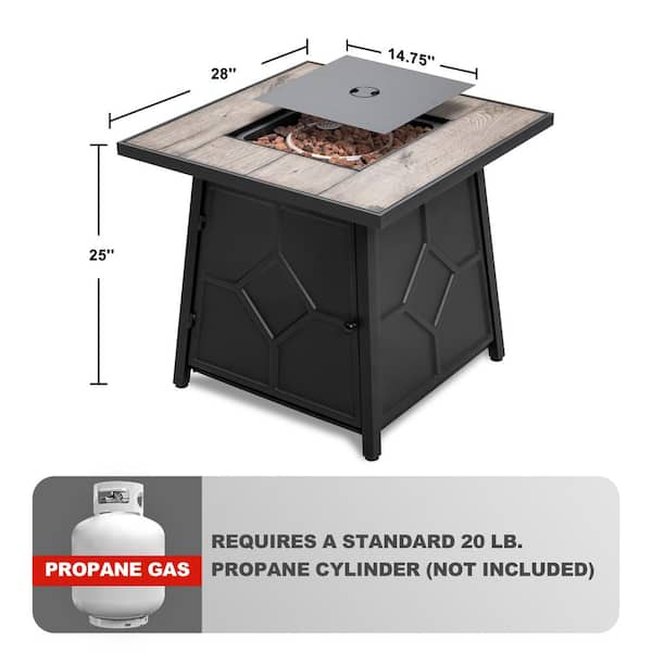 40,000 BTU 28 in. x 25 in. Square Iron Propane Gas Black Fire Pit Table with Cover, MGO Tabletop and Lava Rocks