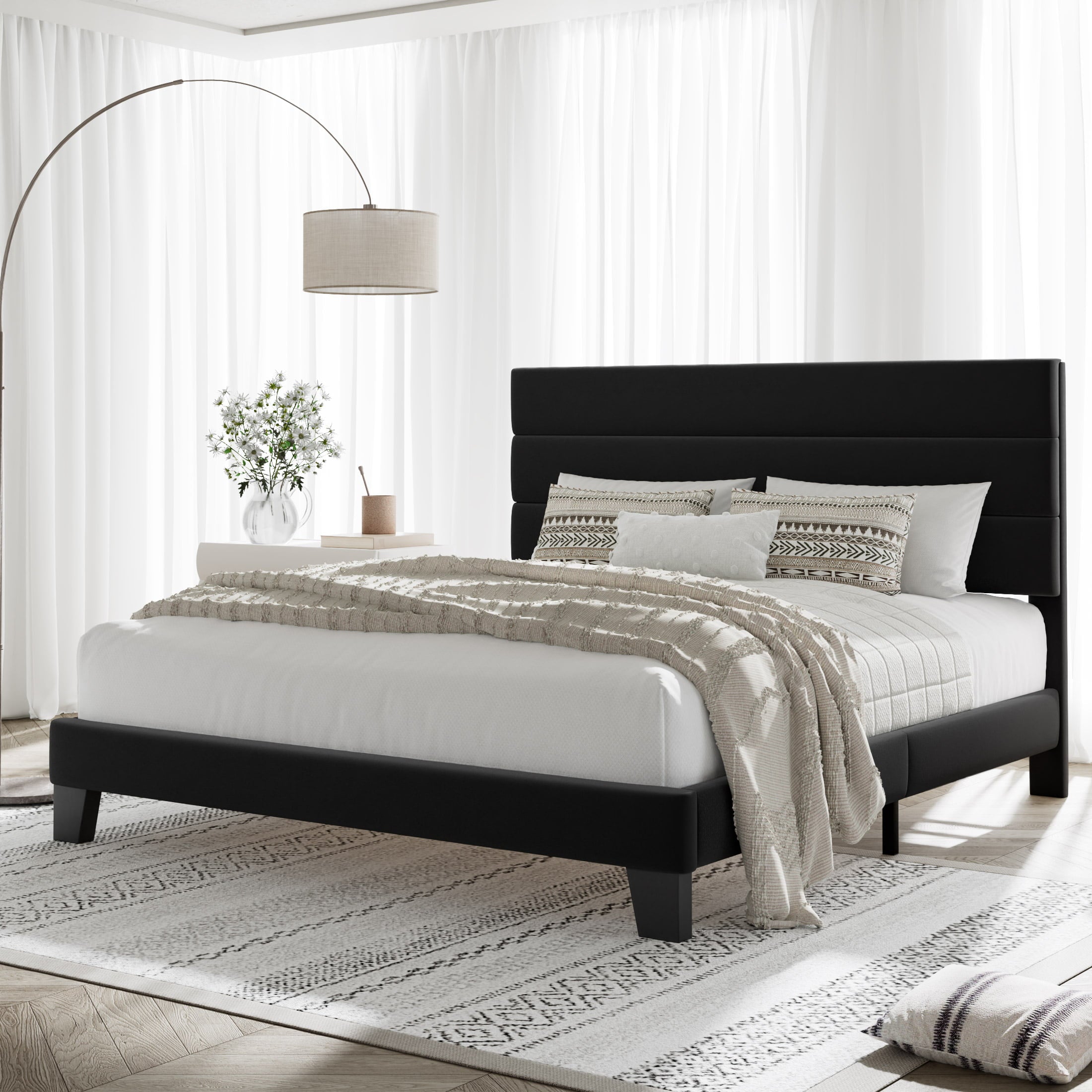 Allewie Queen Size Platform Bed Frame with Velvet Upholstered Headboard and Wooden Slats Support, No Box Spring Needed, Black