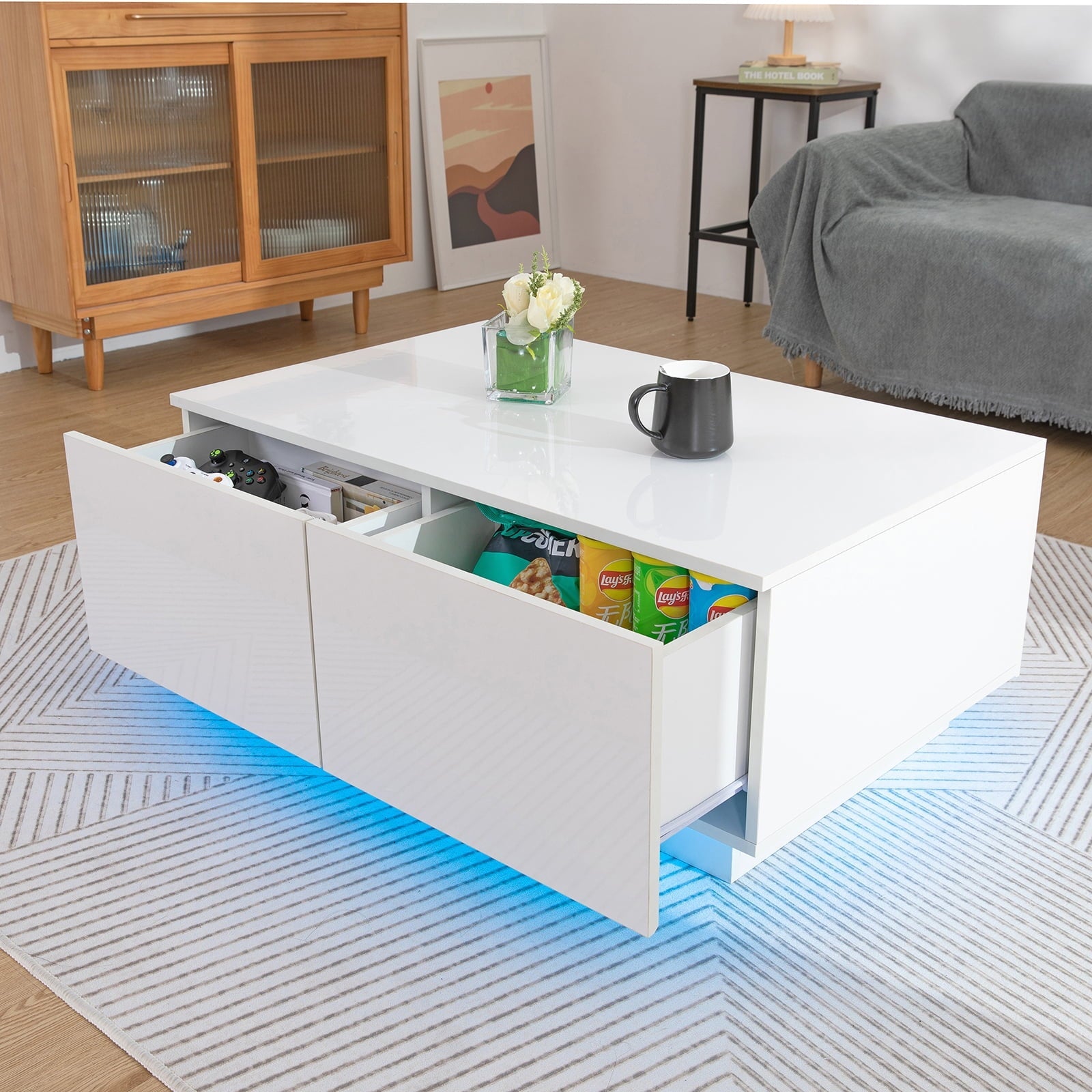 Hommpa Rectangular Coffee Table with LED Lights Tea Tables with 4 Drawers High Gloss Modern Living Room Furniture White Finish Sofa Side Table 37.4 x 23.6 x 15.4 Inches