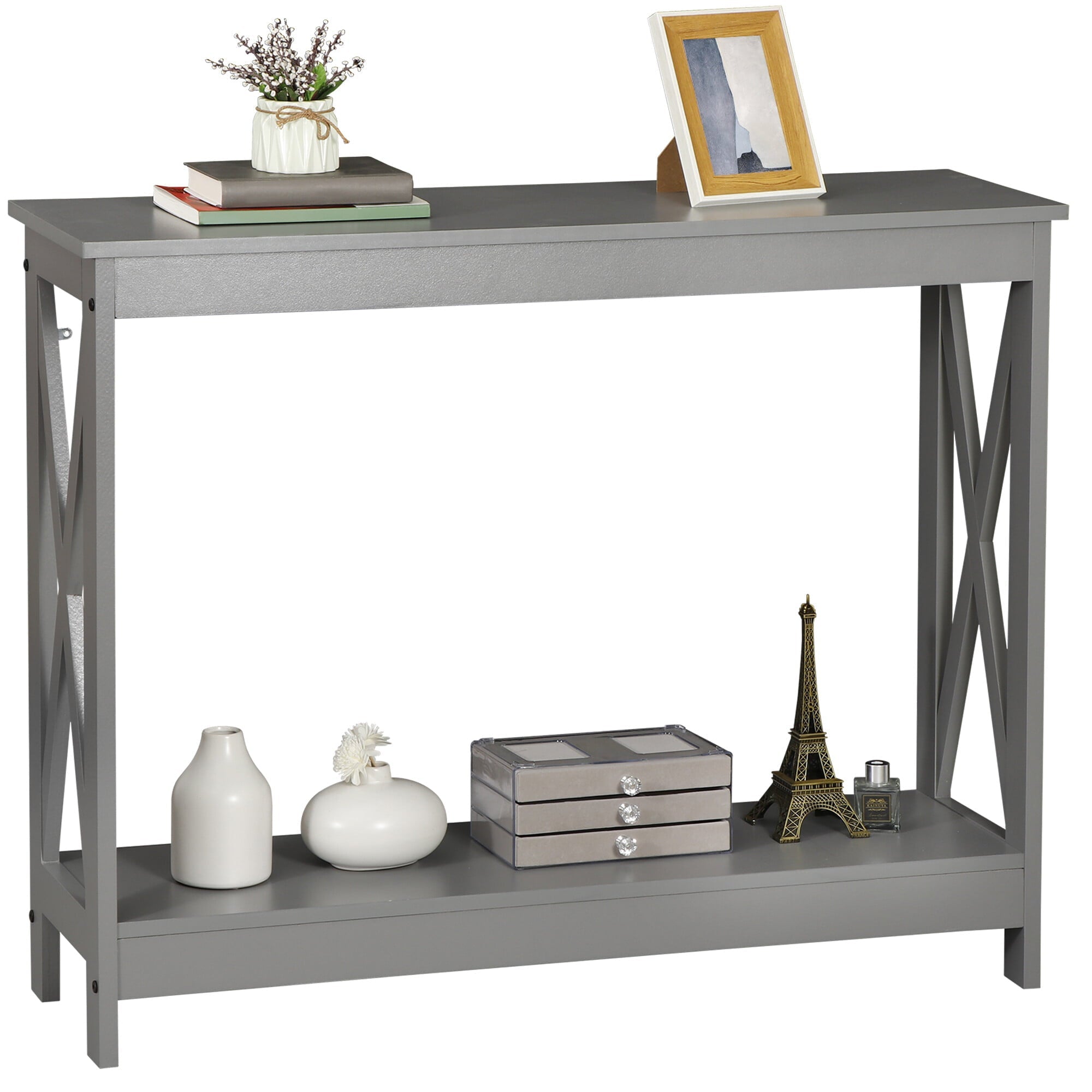 HomGarden Modern Narrow Console Table 2-Shelves Wooden Sofa Side Table Home Office, Gray