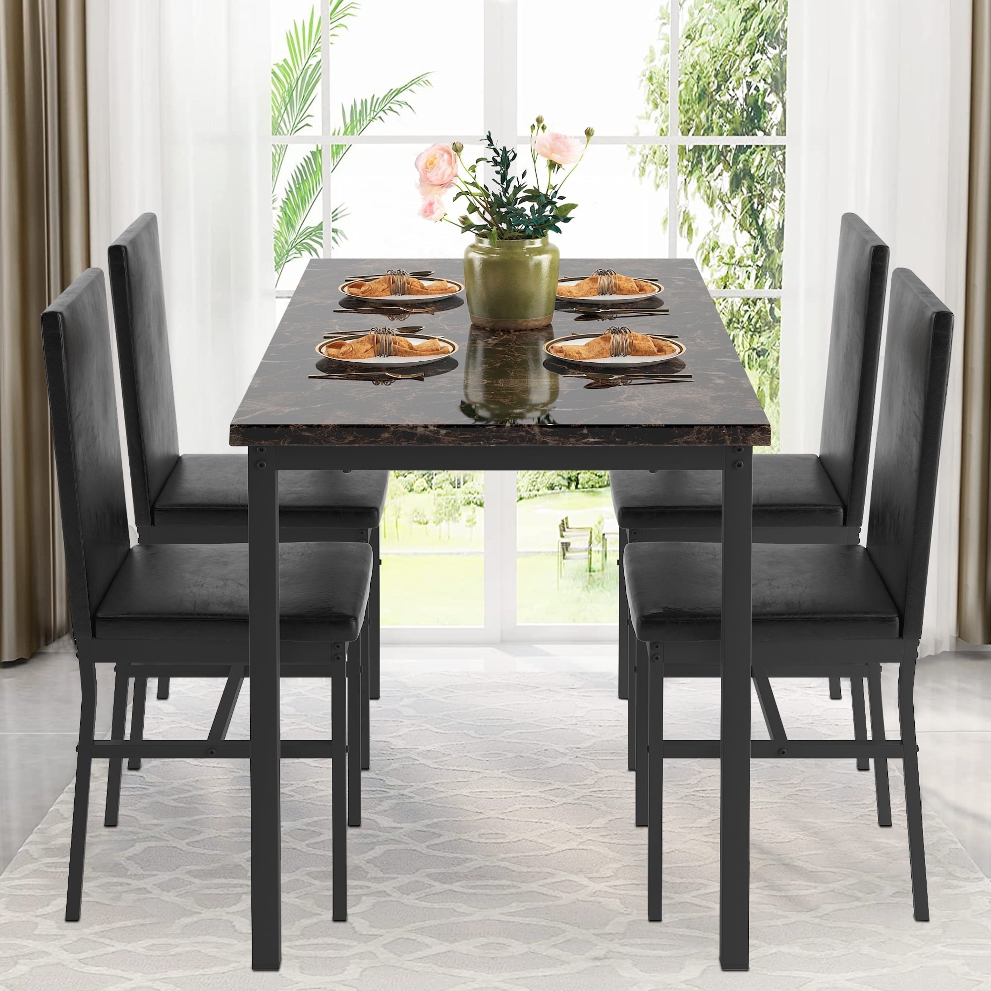 uhomepro 5-Piece Dining Room Table Set for 4 Person, Elegant Dining Table Set, Home Kitchen Table with 4 PU Leather Chairs and Metal Dining Room Modern Furniture