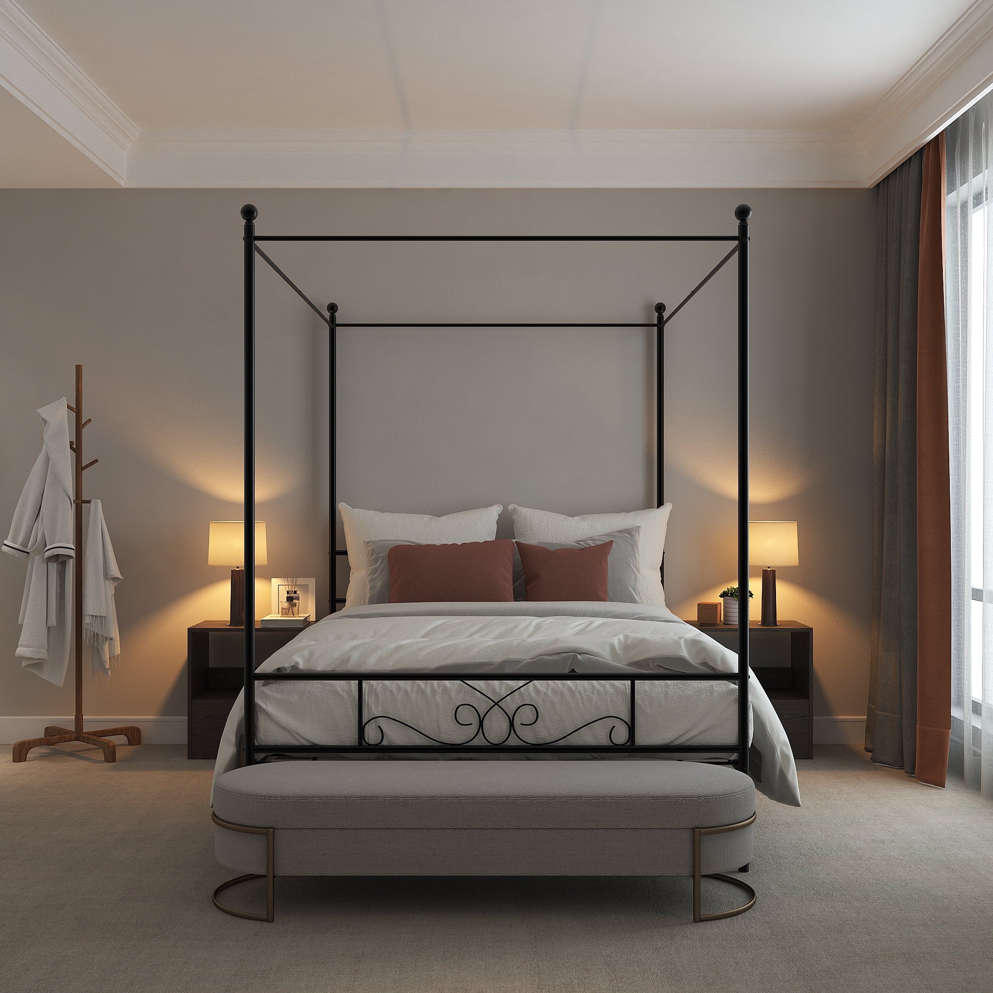 Teraves Metal Canopy Bed 4-post Canopy Bed Frame with Headboard, Full, Black