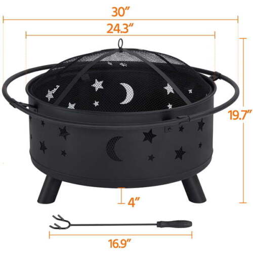 Iron Fire Pit Set Heating Equipment Camping Fire Bowl with Poker Mesh Cover BBQ