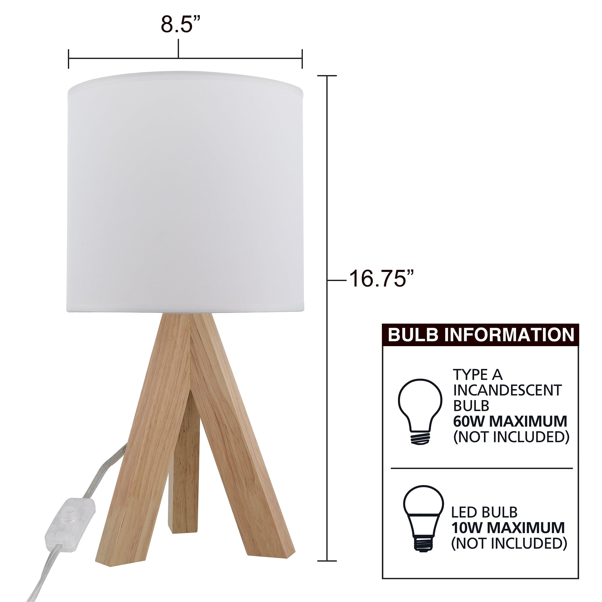 Mainstays Tripod Oak Table Lamp with Classic White Fabric Shade, 16.75