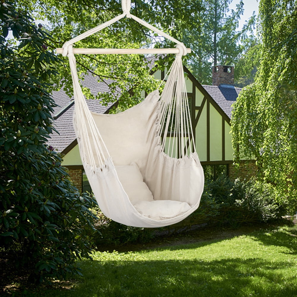 Large Hammock Chair Swing, Relax Hanging Rope Swing Chair with Detachable Metal Support Bar & Two Seat Cushions, Cotton Hammock Chair Swing Seat for Yard Bedroom Patio Porch Indoor Outdoor