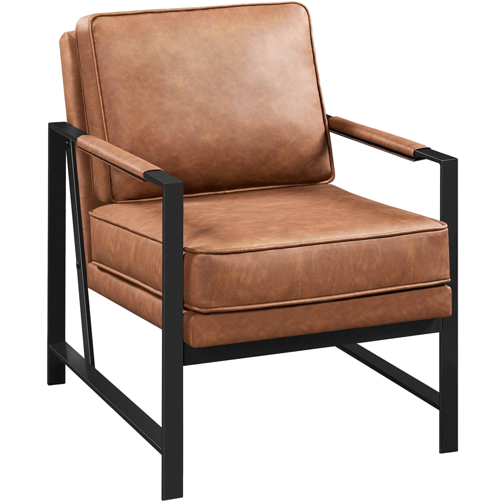 Topeakmart Upholstered Faux Leather Lounge Chair Accent Chair with Metal Arms, Brown