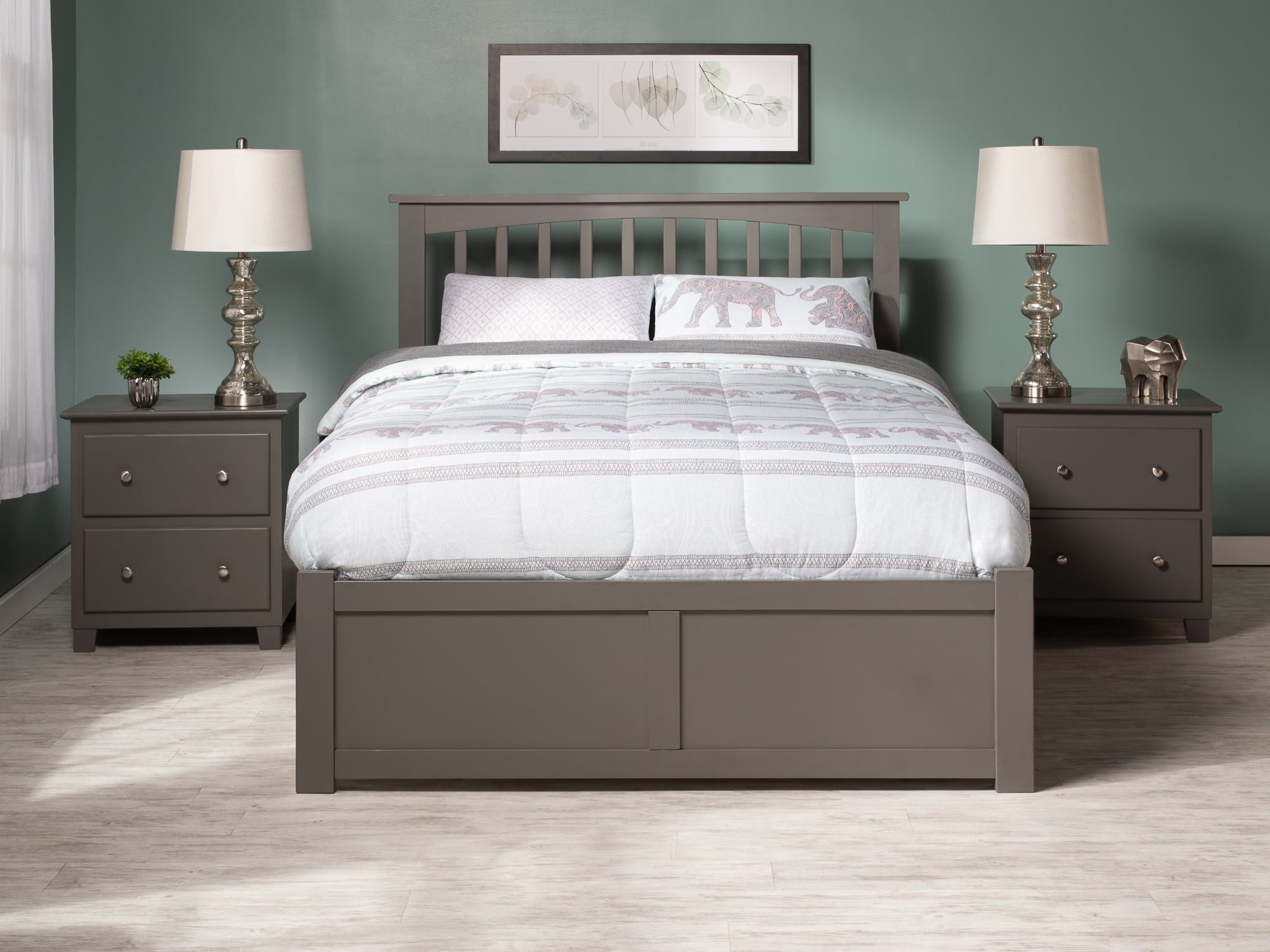Mission Platform Bed with Flat Panel Foot Board and 2 Urban Bed Drawers in Gray