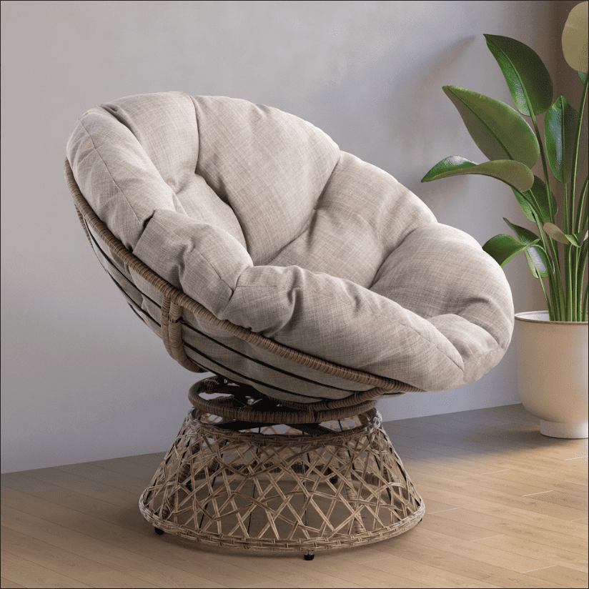 Aile 360 Swivel Comfy Papasan Chair with Fabric Cushion, Sturdy Metal Frame (Pure Pearl - White Frame)